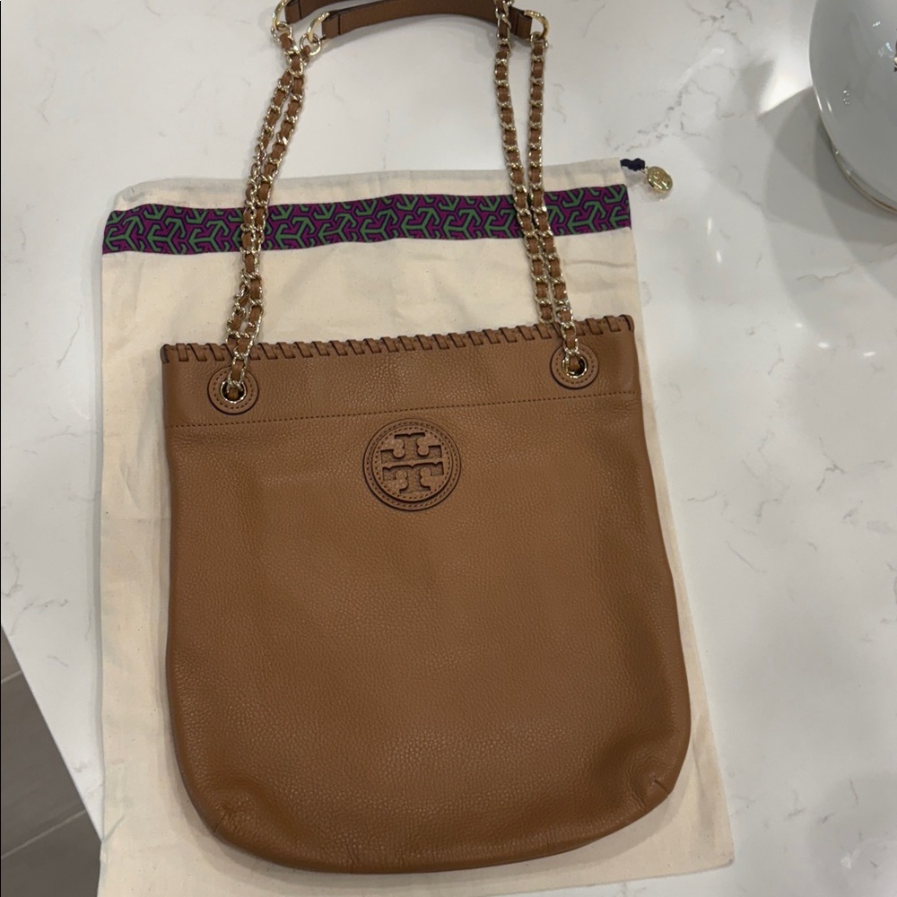 Tory Burch Marion tan Brown Leather Bag whipped stitched and gold